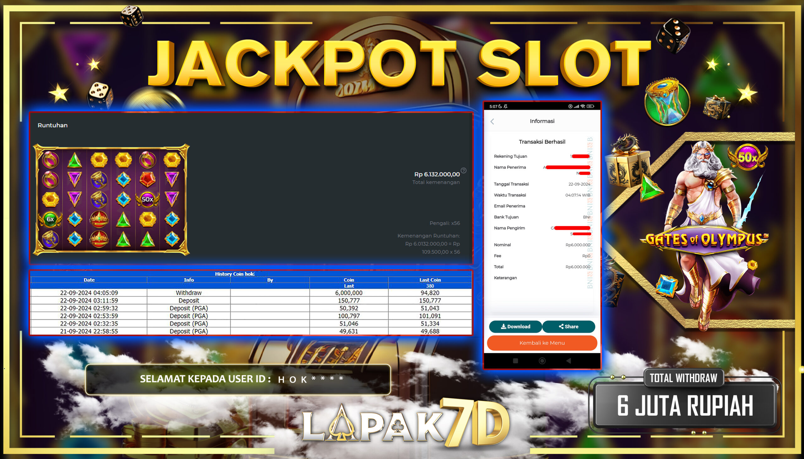 LAPAK7D  JACKPOT SLOT GATES OF OLYMPUS Rp.6.000.000.,- LUNAS