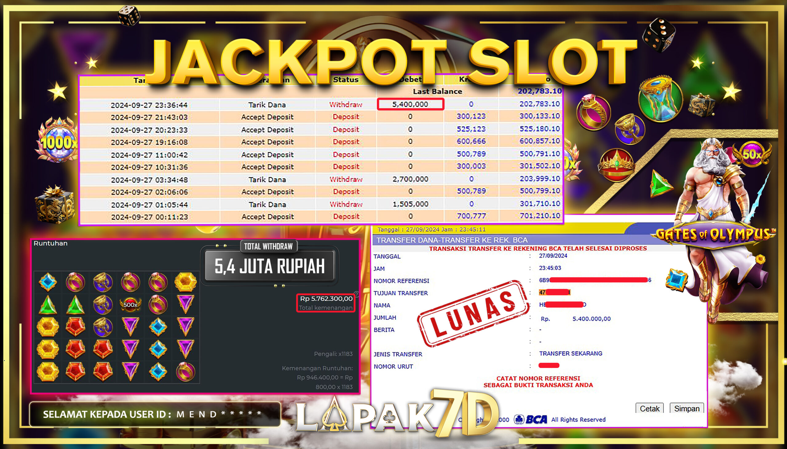 LAPAK7D JACKPOT SLOT GATES OF OLYMPUS Rp.5.400.000.,- LUNAS